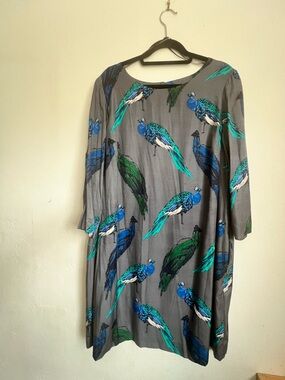 Boden Gray Tunic Dress with Blue & Green Peacock Print